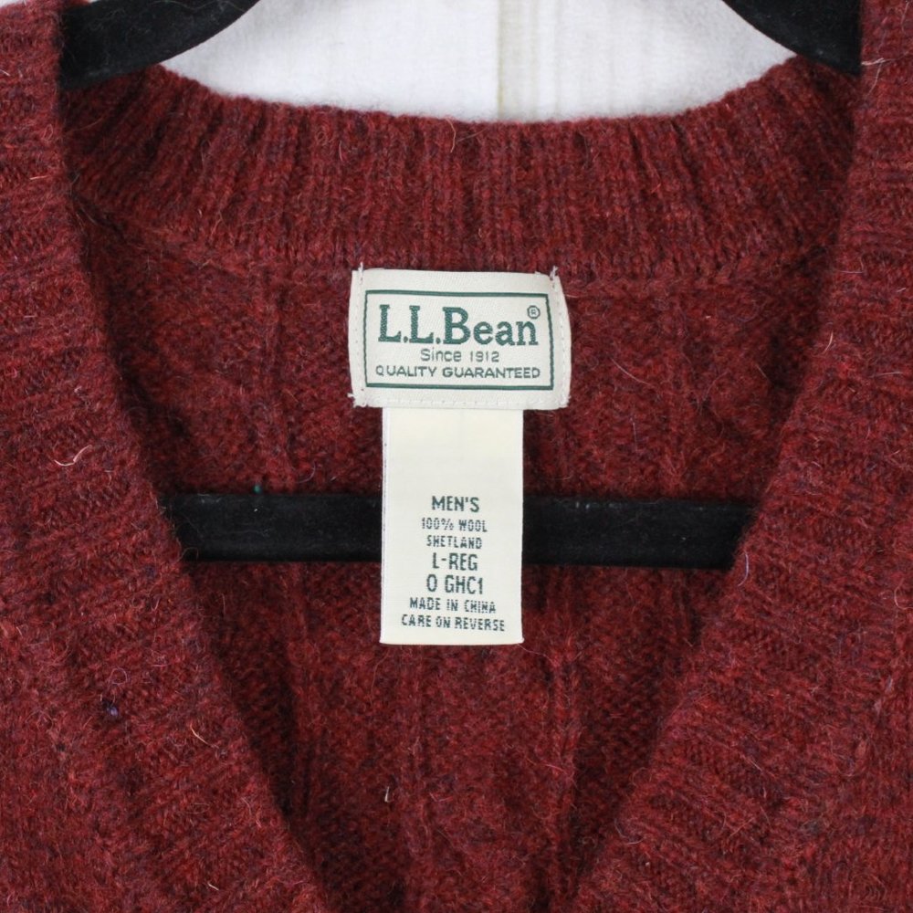 LL Bean Red 100% Wool Shetland V-Neck Cable Knit Pullover Vest Size L - Picture 4 of 9